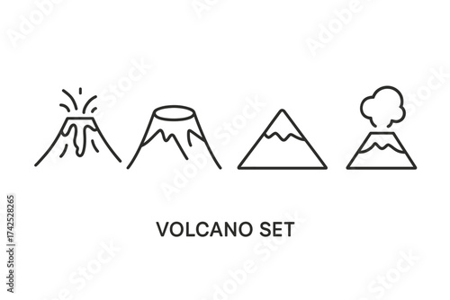 Volcano icon set: eruption and dormant mountain symbols in simple line art