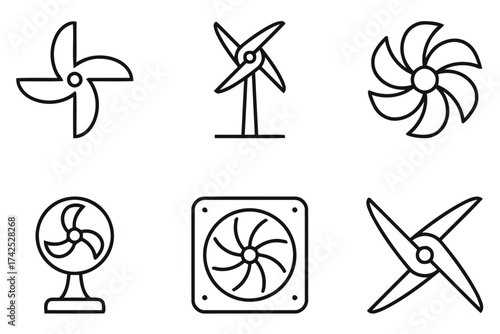Collection of diverse fan and wind turbine vector icons for renewable energy and cooling solutions scalable eps silhouette vector illustration white background