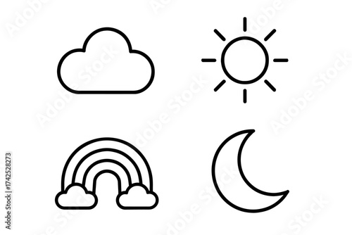 Minimalist weather icons: cloud, sun, rainbow, moon symbols in black and white