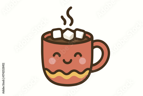 Cute smiling mug with hot chocolate and marshmallows cartoon art