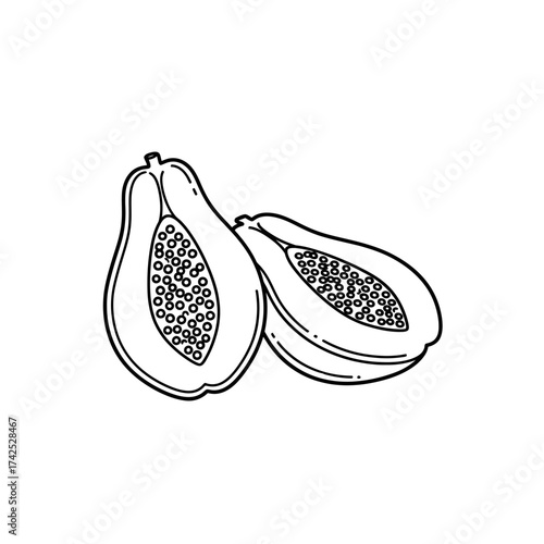 A simple line drawing of a papaya fruit cut in half revealing its seeds.