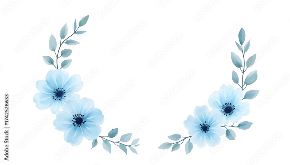 Obraz premium Pastel Blue Flowers and Leaves Wreath Watercolor Illustration