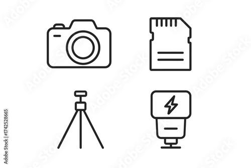 Minimalist line icons of camera, memory card, tripod, and flash equipment