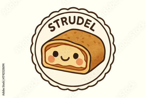Cute cartoon strudel with smiling face in round label design