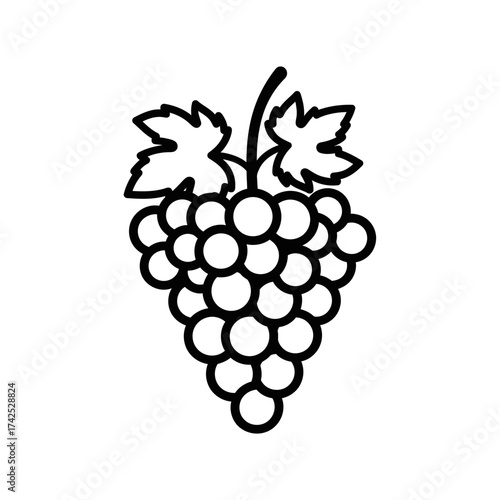 A simple black and white line drawing of a bunch of grapes with leaves.