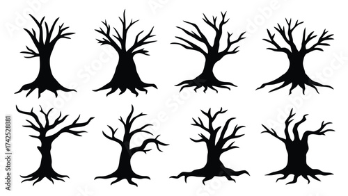 Collection of scalable vector illustrations of silhouette bare trees for diverse design applications silhouette vector illustration white background