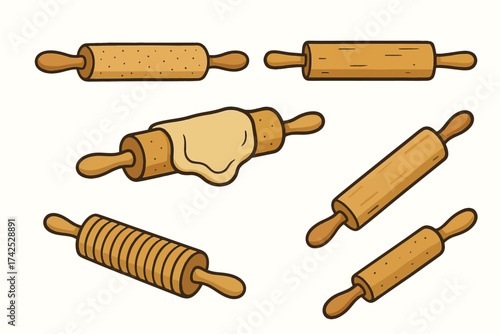 Various wooden rolling pins with dough and unique designs