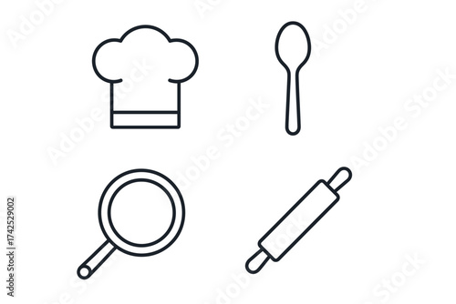 Simple line art of kitchen tools: chef hat, spoon, magnifying glass, rolling pin