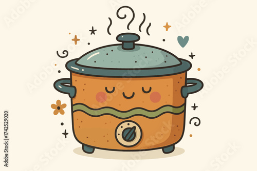 Cute cartoon slow cooker with smiley face design and decorative elements