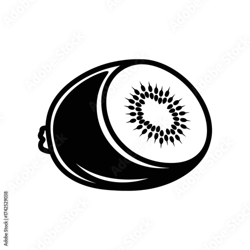 Black and white illustration of a sliced kiwi fruit showing its seeds.