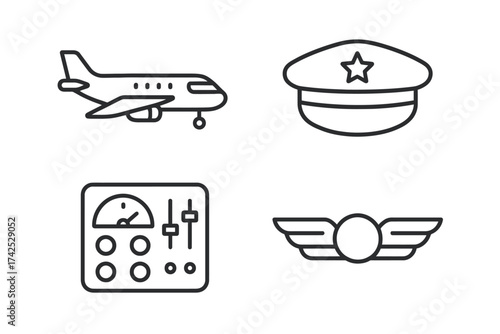 Aviation icons: airplane, pilot hat, control panel, wings badge illustrations