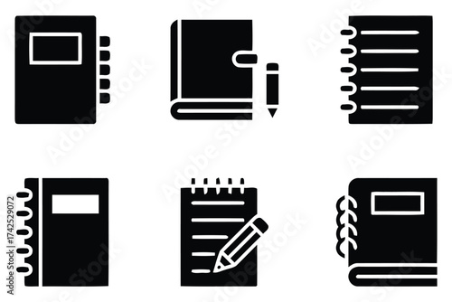 Collection of six stylized vector icons representing notebooks and journals in eps format silhouette vector illustration white background