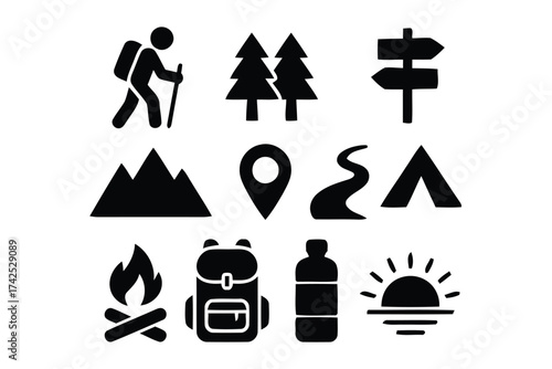 Collection of outdoor adventure and hiking icons vector graphics for nature camping travel activities silhouette vector illustration white background