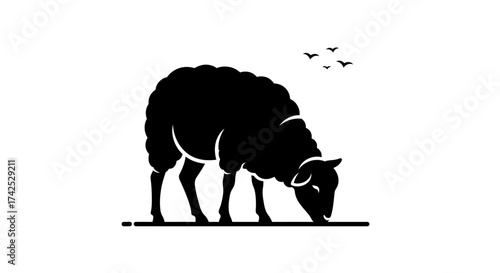 Silhouette of a Grazing Sheep with Birds Overhead in Minimalist Style.