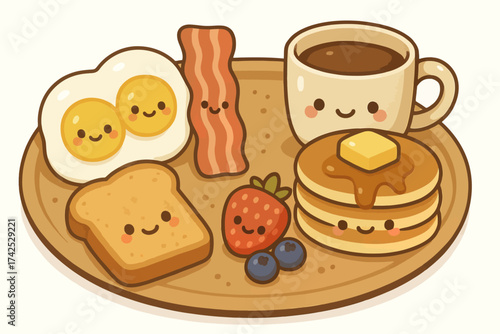 Cute kawaii breakfast plate with pancakes, eggs, bacon, and coffee