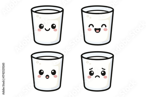 Cute cartoon glasses of milk with various expressions on white background