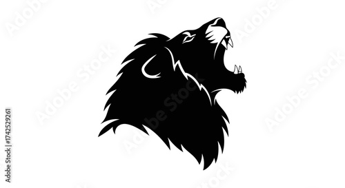 Black silhouette of a roaring lion head with sharp teeth and mane.