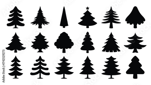 Collection of diverse vector evergreen christmas tree silhouettes scalable eps illustrations for festive designs silhouette vector illustration white background