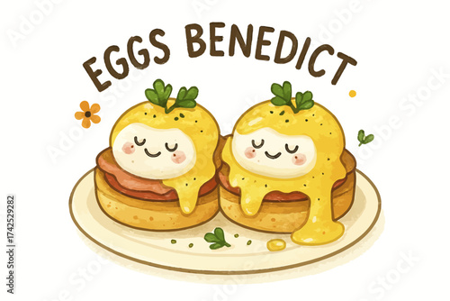 Cute cartoon eggs benedict with smiling faces and decorative garnish
