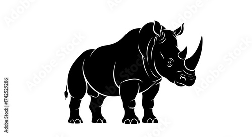 Majestic Black and White Rhino Illustration Standing Tall in Profile.