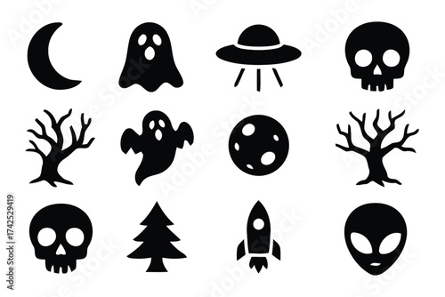 Halloween and sci-fi themed vector icons including ghosts skulls ufos moon rocket alien tree and crescent moon silhouette vector illustration white background