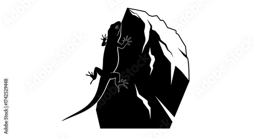 Black silhouette of a gecko climbing a jagged rock formation.