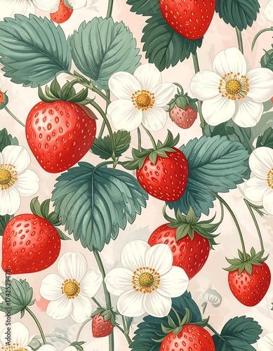 Floral strawberry pattern with red berries and white blossoms