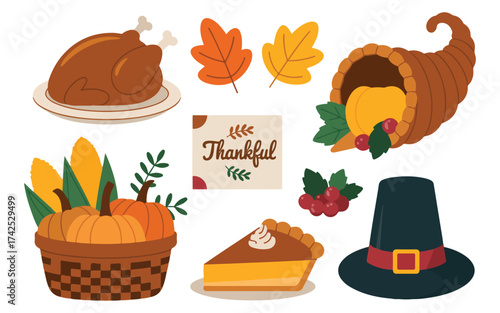 A collection of Thanksgiving-themed illustrations on a white background