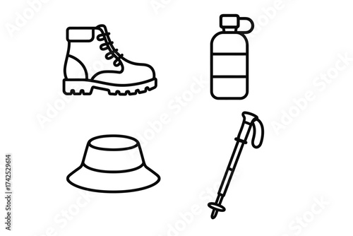 Essential hiking gear icons: boot, water bottle, hat, trekking pole
