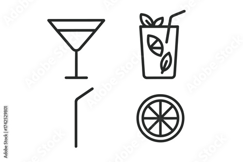 Cocktail icon set: martini glass, lemon slice, straw, and leaves