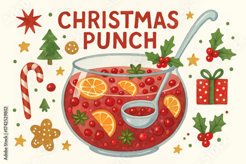Festive holiday punch with oranges and berries in illustrated bowl