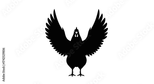 Black silhouette of a majestic chicken with wings spread wide.