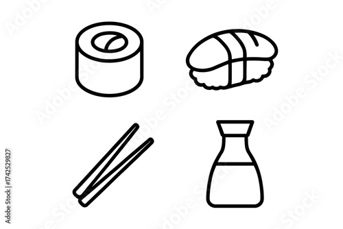 Sushi icons: maki, nigiri, chopsticks, soy sauce in simple black outline
