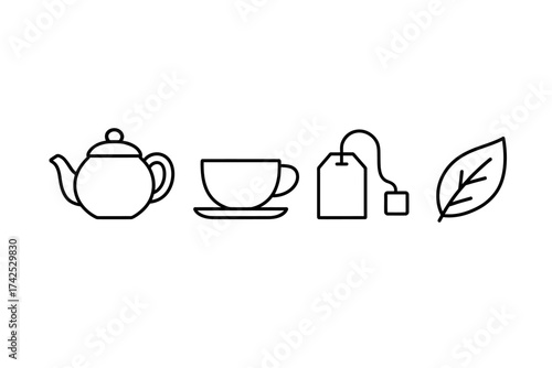 Line art of teapot, cup, tea bag, and leaf icons