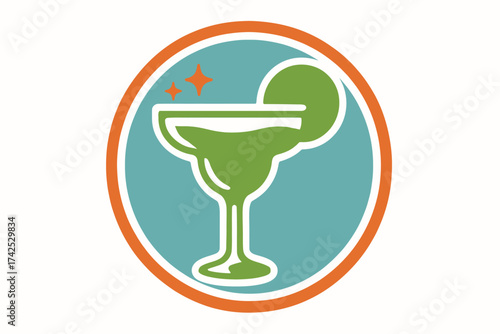 Colorful margarita glass icon with lime slice and sparkles in circular frame