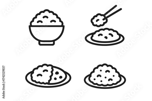 Simple line art of rice in bowl and plate with chopsticks