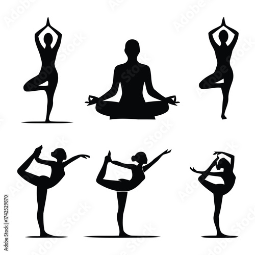 Vector illustration of silhouettes practicing yoga poses for wellness and flexibility scalable eps graphic silhouette vector illustration white background