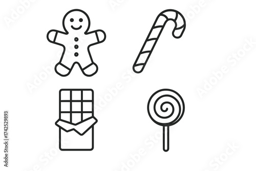 Outline icons of gingerbread, candy cane, chocolate, and lollipop