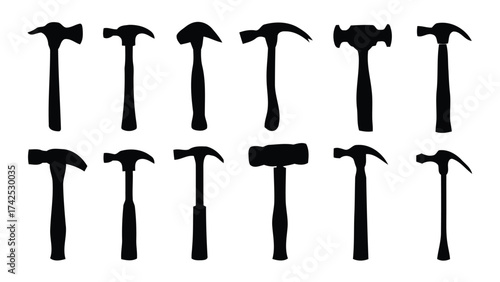 Collection of versatile hammer icons in scalable vector format for diverse design applications silhouette vector illustration white background