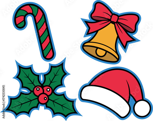 Vector art of christmas icons set with candy cane, bell, holly and santa hat for decoration
