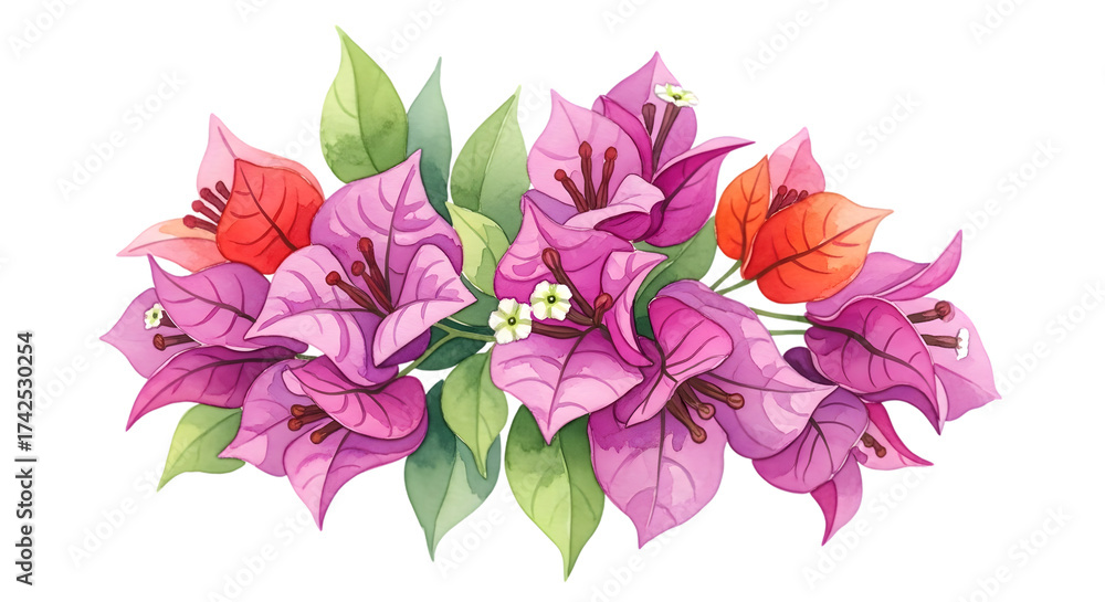 Fototapeta premium Bougainvillea flower arrangement isolated on transparent background in watercolor style