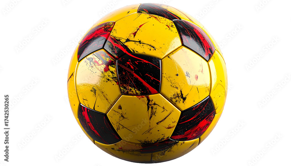 Obraz premium Realistic photograph of a yellow soccer ball with red and black abstract paint splatter pattern, isolated on transparent background, professional studio lighting, smooth glossy surface with visible te