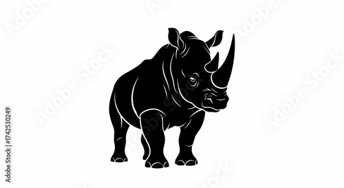 Silhouette of a Powerful Black Rhinoceros Standing Tall.