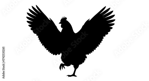 Silhouette of a rooster with wings spread wide in a dynamic pose.