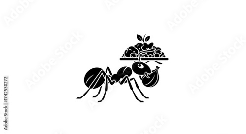 Stylized black and white ant carrying a harvest of food.