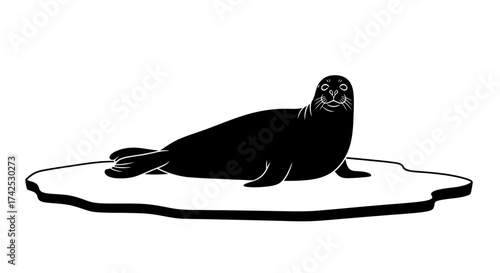 Black silhouette vector illustration of a seal on an ice floe.