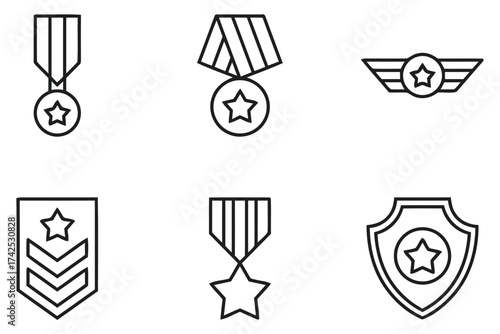 Collection of military service medals and awards vector icons for award ceremony and recognition graphics eps scalable silhouette vector illustration white background