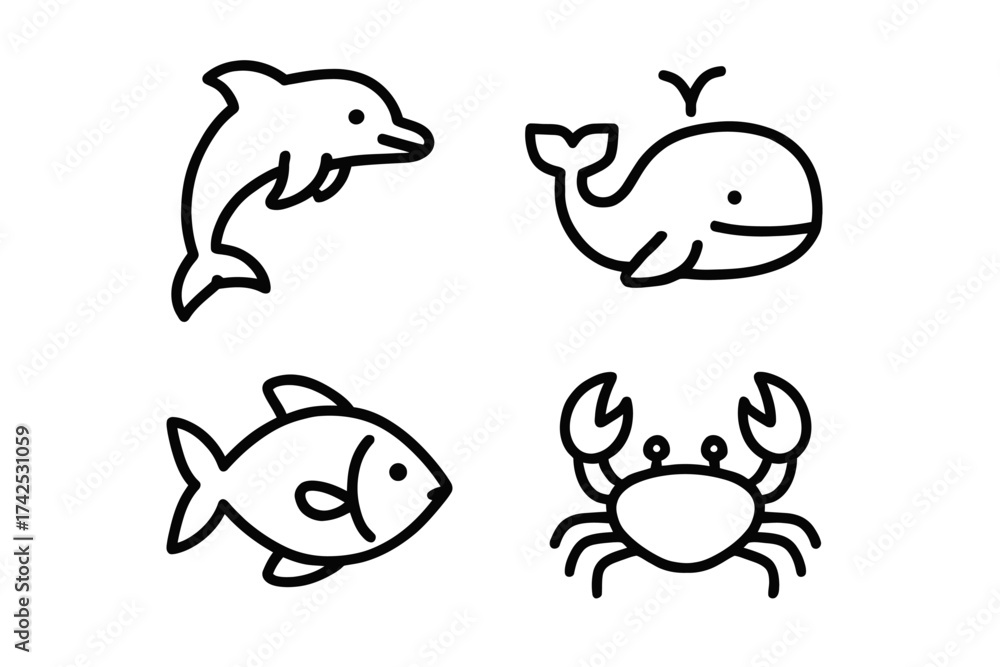 Fototapeta premium Simple black and white sea creatures illustrations featuring dolphin, whale, fish, and crab