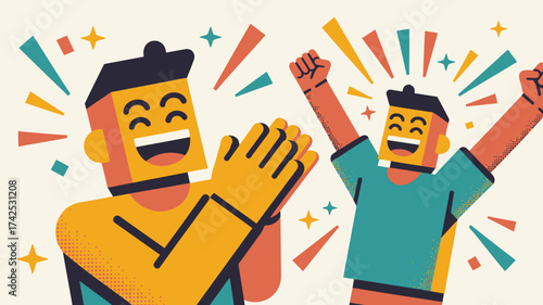 Joyful geometric celebration illustration with people cheering and clapping scalable vector graphic eps vector