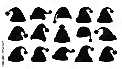 Collection of hand-drawn black santa hat silhouettes vector illustrations scalable eps icons for festive designs silhouette vector illustration white background